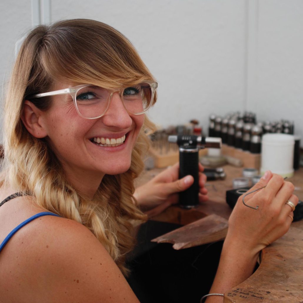 Judith Peterhoff working at the bench. Judith Peterhoff working at the bench, handcrafted jewellery made in North London