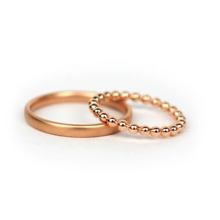 Court Shape and Beaded Rose Gold Wedding Band Set