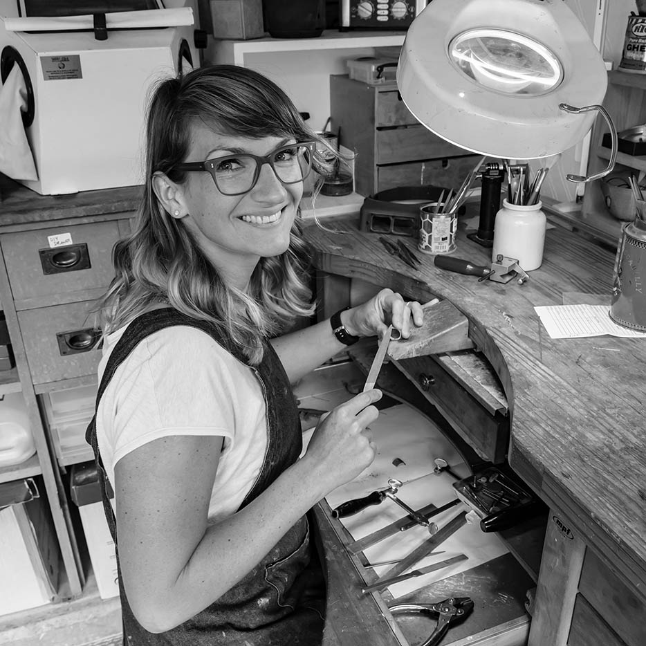 Judith Peterhoff at bench making ethical jewellery