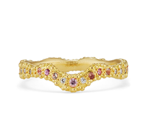 Orno Bespoke Contour Wedding Band in 18ct yellow gold with pink sapphire, white and champagne diamonds_01
