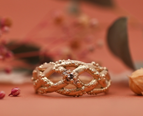 Bespoke Vieo Quat Braided Gold Ring with heirloom diamonds