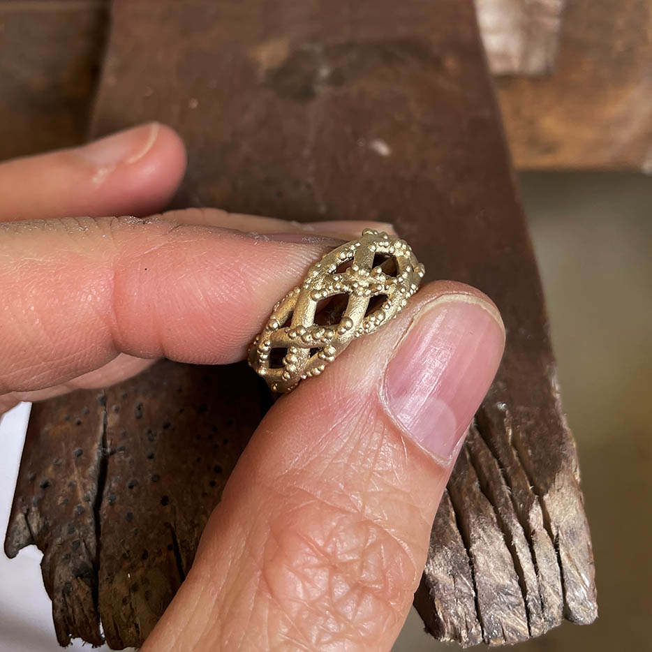 Judith Peterhoff at the bench repurposing old jewellery into a new statement ring