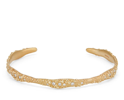 Judith Peterhoff Bespoke - Orno open cuff bangle in 9ct yellow gold with diamonds Bespoke textured gold bangle with diamonds