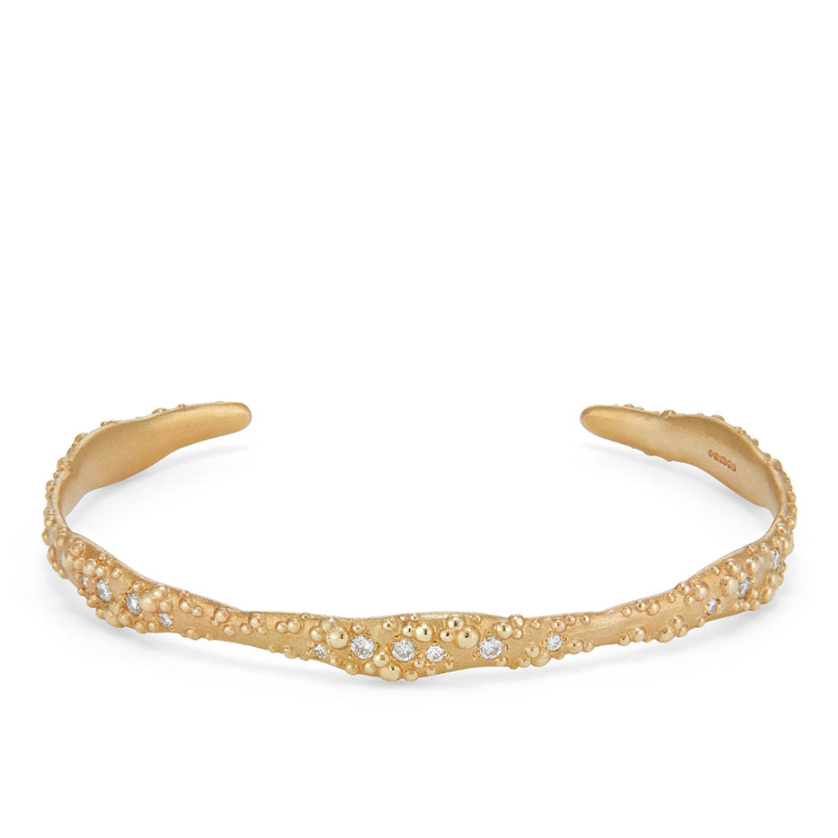 Judith Peterhoff Bespoke - Orno open cuff bangle in 9ct yellow gold with diamonds Bespoke textured gold bangle with diamonds