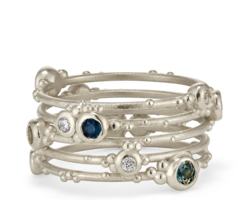 Orno bespoke five strand ring with Australian sapphires and diamonds in 9ct white gold_01 Orno five strand white gold ring with heirloom australian sapphires