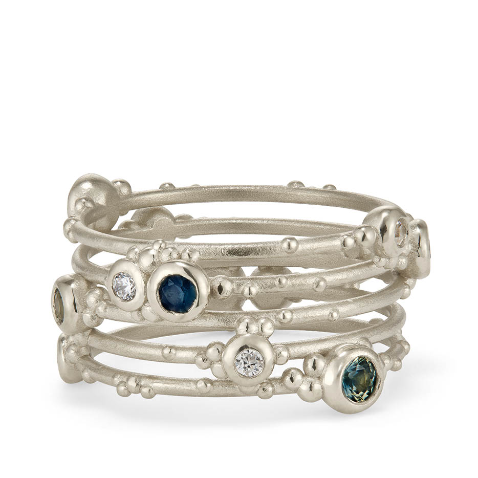 Orno bespoke five strand ring with Australian sapphires and diamonds in 9ct white gold_01 Orno five strand white gold ring with heirloom australian sapphires