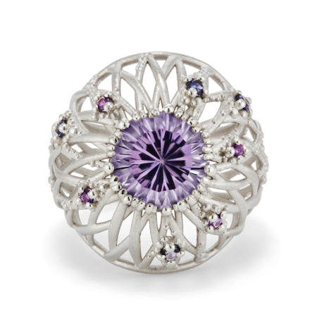 Vieo lattice bombe ring in sterling silver with purple lavendar quartz