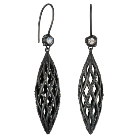 Vieo woven spiral drop earrings in oxidised sterling silver with moonstones